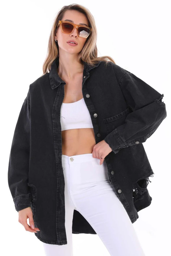 Kadın Kurukafa Özel El Boyama Baskılı Oversize Jean Yırtık Detaylı Uzun Kot Ceket - 2