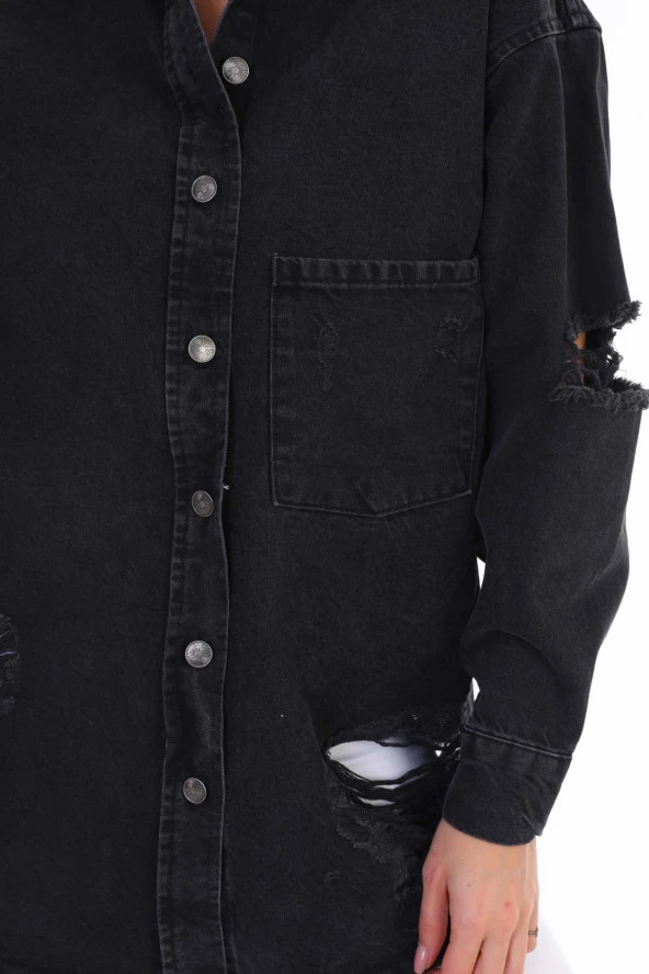 Kadın Kurukafa Özel El Boyama Baskılı Oversize Jean Yırtık Detaylı Uzun Kot Ceket - 4