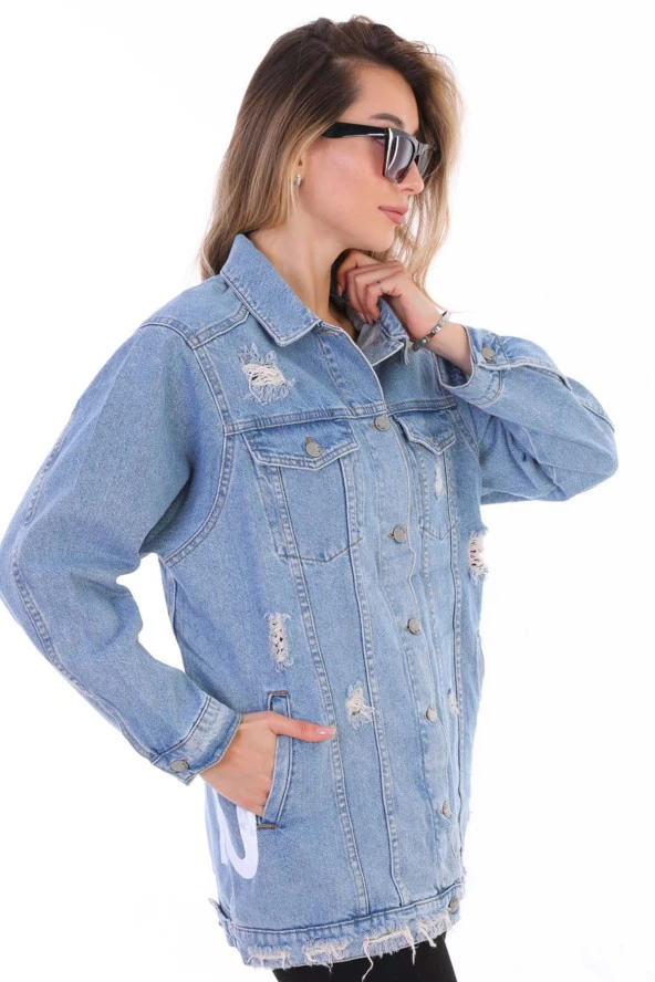 Kadın Mavi Sayı Baskılı Yırtık Detaylı Jean Boyfriend Oversize Uzun Kot Ceket - 5