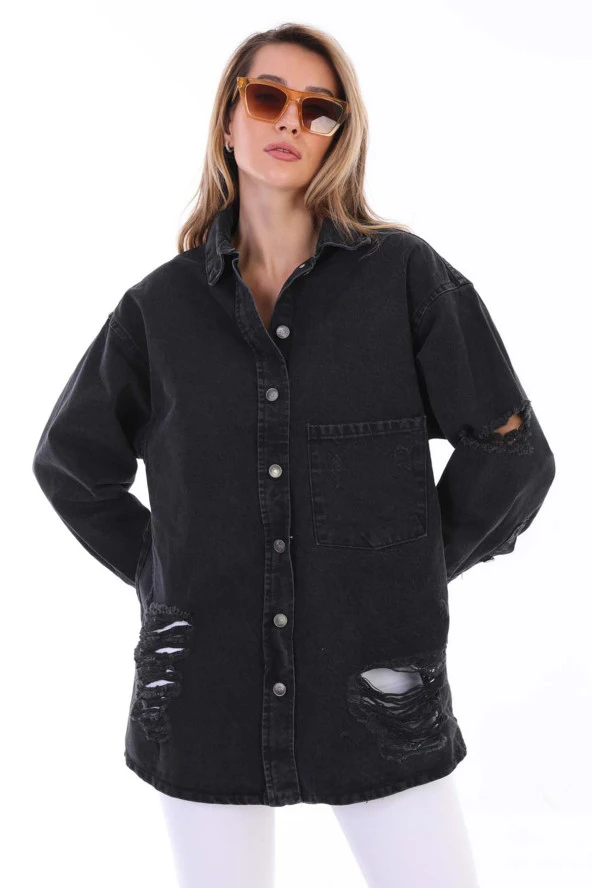 Kadın Kurukafa Özel El Boyama Baskılı Oversize Jean Yırtık Detaylı Uzun Kot Ceket - 5