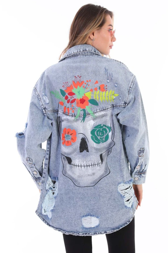 Kadın Kurukafa Özel El Boyama Baskılı Oversize Jean Yırtık Detaylı Uzun Kot Ceket - 7