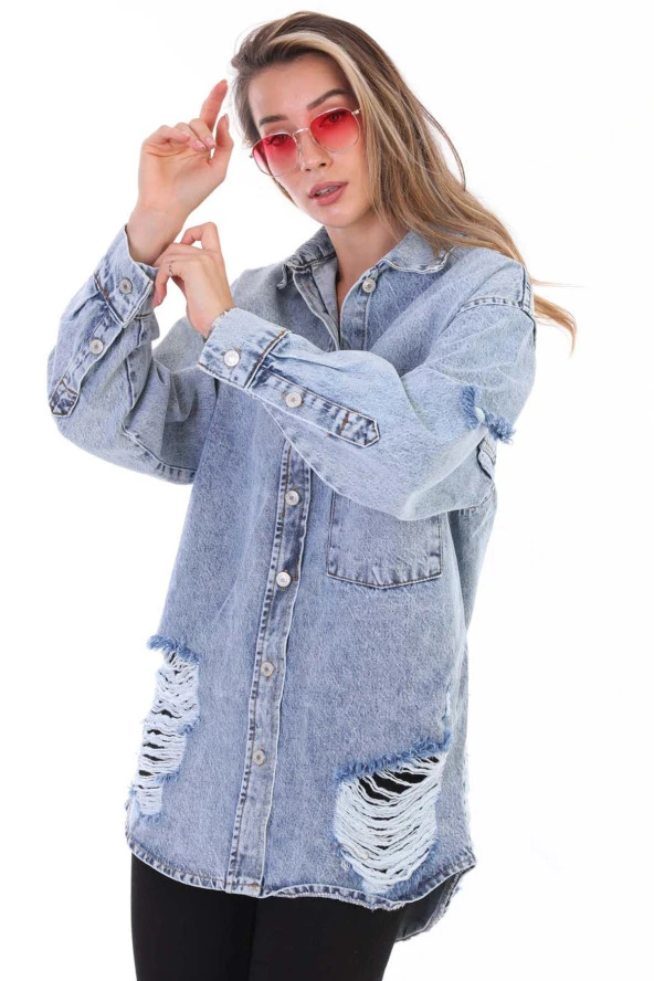 Kadın Kurukafa Özel El Boyama Baskılı Oversize Jean Yırtık Detaylı Uzun Kot Ceket - 9