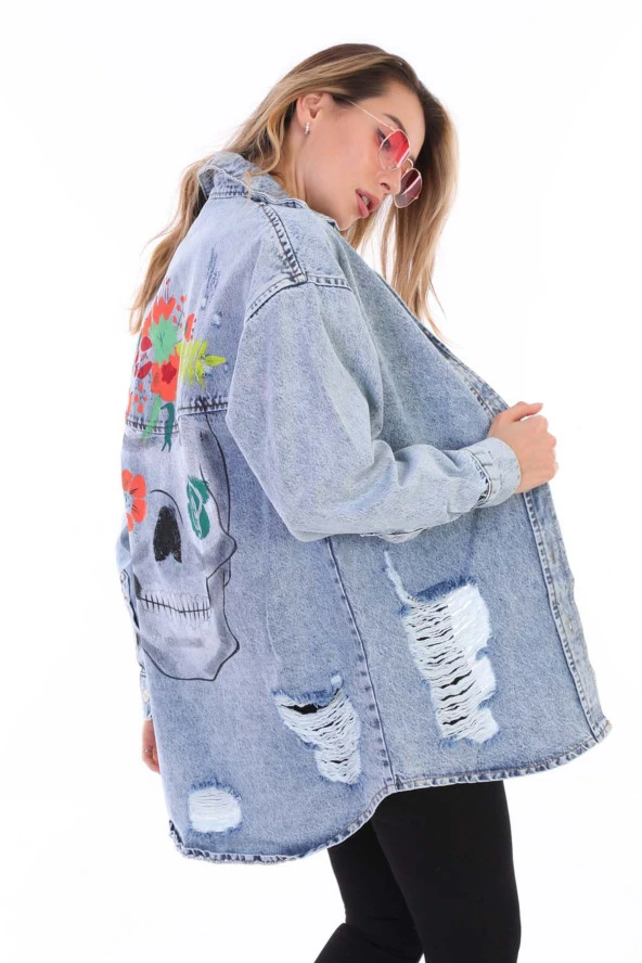 Kadın Kurukafa Özel El Boyama Baskılı Oversize Jean Yırtık Detaylı Uzun Kot Ceket - 11