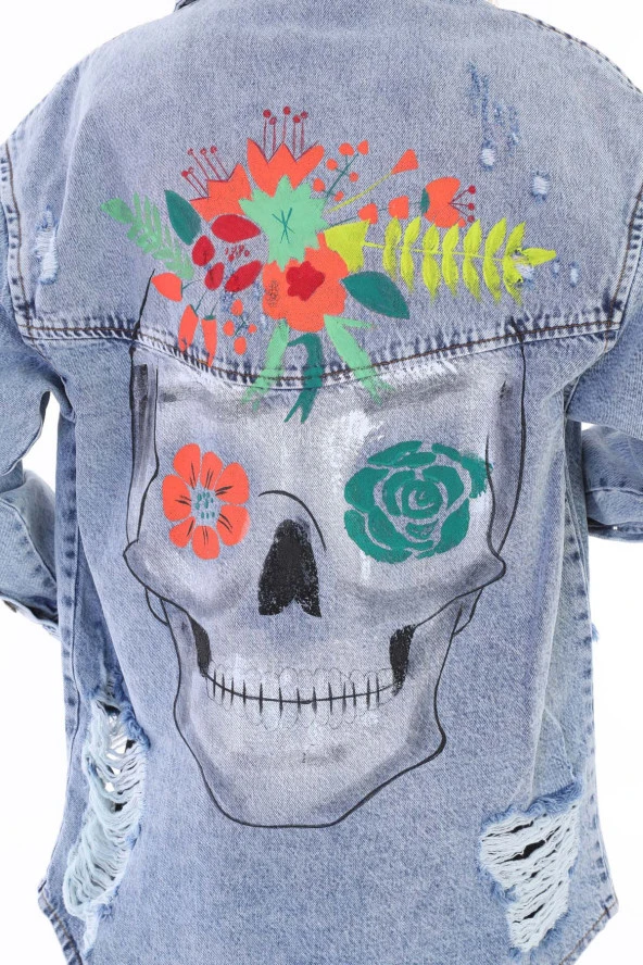 Kadın Kurukafa Özel El Boyama Baskılı Oversize Jean Yırtık Detaylı Uzun Kot Ceket - 12