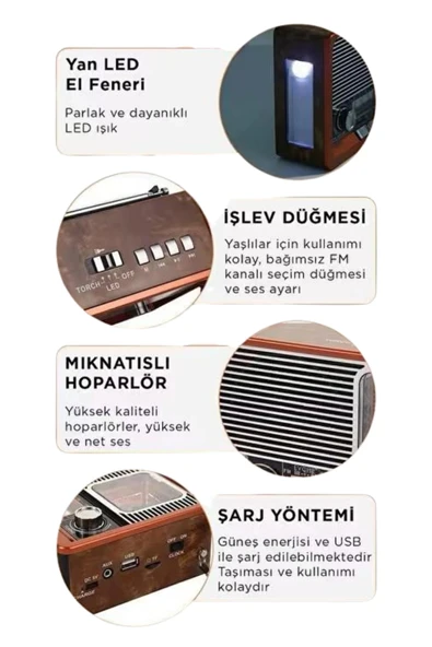 Vintage Nostaljik Radyo AUX USB SD Kart Girişli Şarjlı Bluetooth Bağlantılı - Resim 5