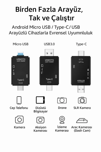 Çok Fonksiyonlu 6 in 1 OTG Kart Okuyucu Telefon Tablet PC Uyumlu - 6
