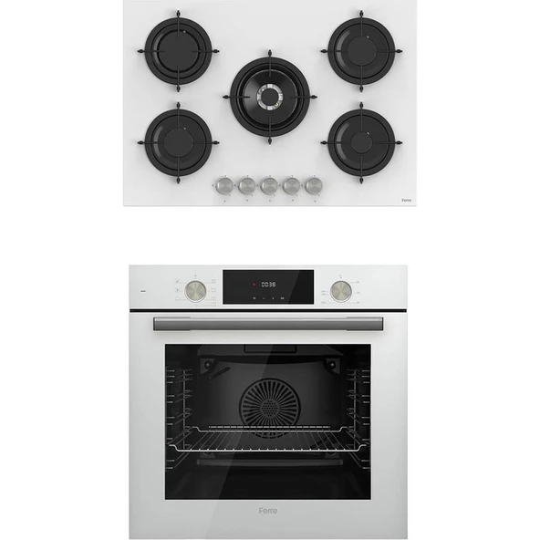 Ferre 2'li Beyaz Cam Ankastre Set Flowart QMS63CB Turbolu - RS036 Woklu 75CM Ocak ürün görseli