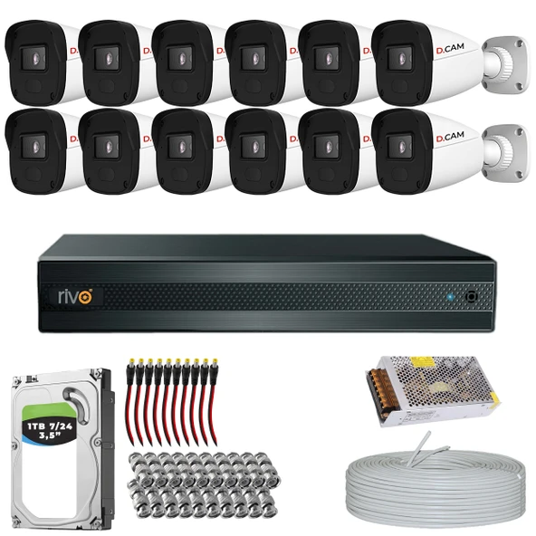 RİVO Dcam 12 Kameralı 40 Metre Gece Görüşlü Set 1TB 7/24 Hdd ürün görseli