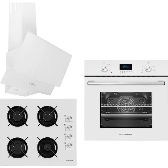 Femaş Beyaz Inci 3'lü Ankastre Set ( 5001 Multifonksiyon Beyaz Fırın + 3140 Ce Beyaz Cam Ocak+ Fd 102 Yatay Beyaz Cam Davlumbaz) ürün görseli