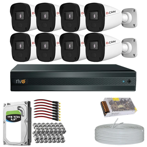 RİVO Dcam 8 Kameralı 40 Metre Gece Görüşlü Set 1TB 7/24 Hdd - 1