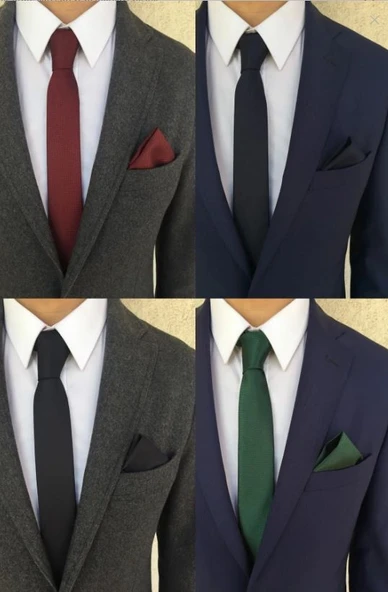bordo/ Lacivert/Siyah/Yeşil 4'lü ince kravat mendil seti