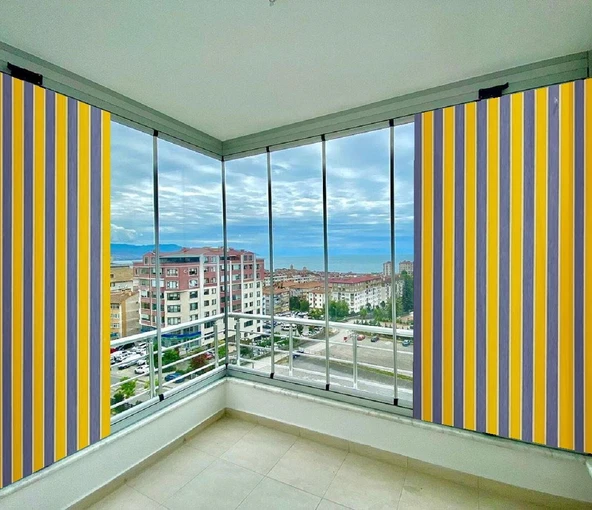 CEYLAN Home Balkon Perdesi Kuş Gözü Ölçü Seçenekli Sarı Gri Çizgili - 5