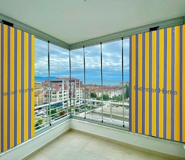 CEYLAN Home Balkon Perdesi Kuş Gözü Ölçü Seçenekli Sarı Gri Çizgili - 3