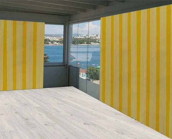 Ceylan Home Balkon Perdesi Her Ölçüde Özel Dikim Sarı Beyaz Çizgili - 1