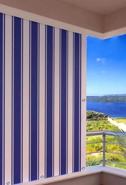 Gencer Home Balkon Perdesi Kuş Gözü Ölçü Seçenekli Mavi Beyaz Çizgili - 3