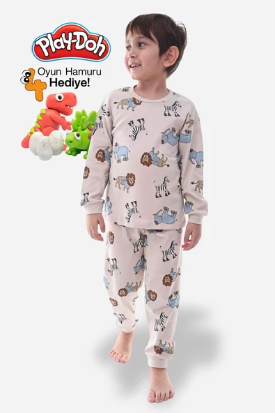 Animal Desenli İnterlok %100 Pamuk Çocuk Pijama Takımı (4'lü Oyun Hamuru HEDİYE) - 2