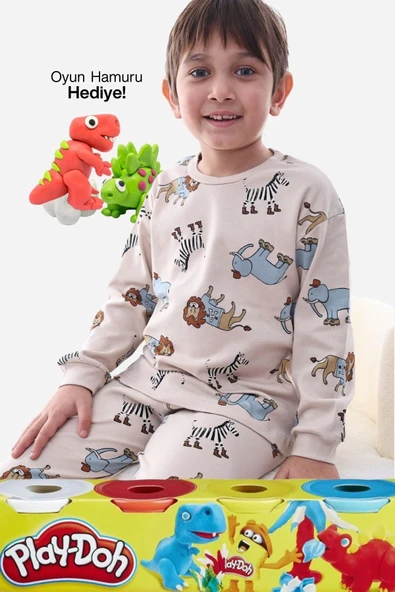 Animal Desenli İnterlok %100 Pamuk Çocuk Pijama Takımı (4'lü Oyun Hamuru HEDİYE) - 1