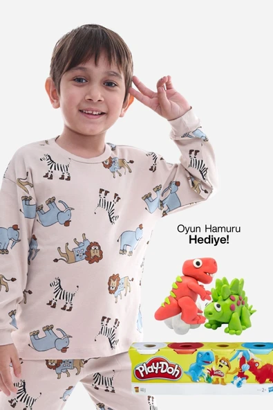 Animal Desenli İnterlok %100 Pamuk Çocuk Pijama Takımı (4'lü Oyun Hamuru HEDİYE) - 4