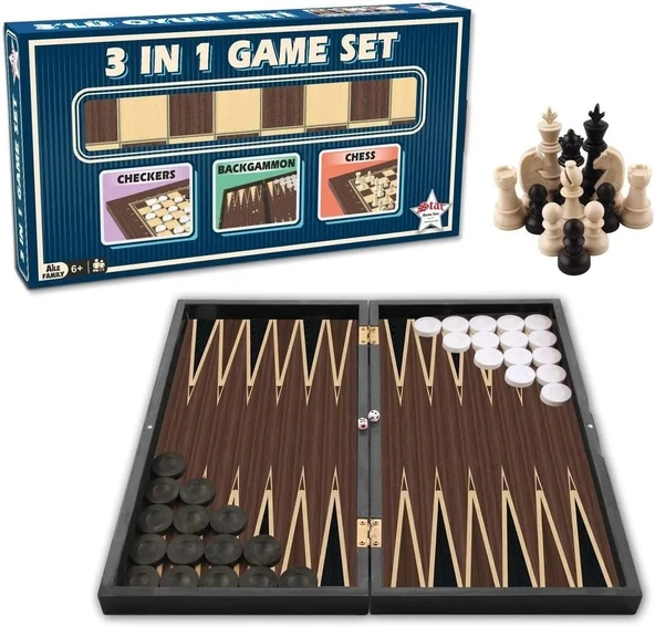 Platin Üçlü Oyun Seti (Tavla-Dama-Satranç) Büyük Boy