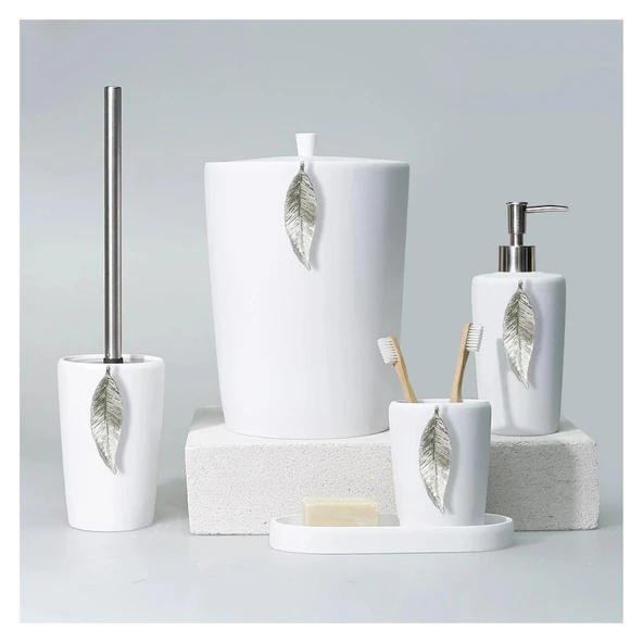Selim Dekor Leaf Banyo Seti Beyaz-Gümüş ürün görseli