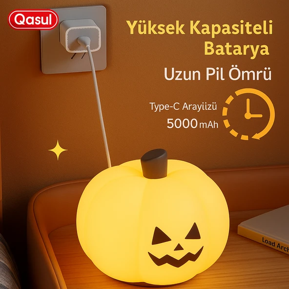 Sevimli Kabak Gece Lambası  3 Kademeli Dokunmatik Işıklı, Şarjlı, Silikon Tasarım - 6