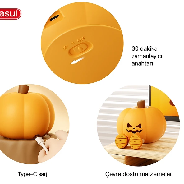 Sevimli Kabak Gece Lambası  3 Kademeli Dokunmatik Işıklı, Şarjlı, Silikon Tasarım - 5