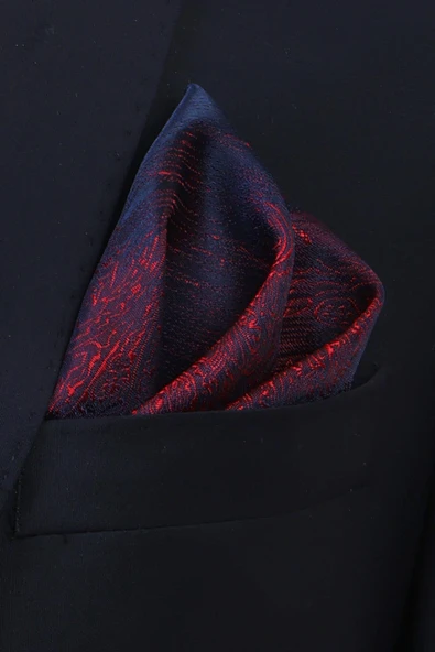 Esgue Hand Made 7.5 cm Kırmızı Lacivert Desenli Mendilli Kravat - Resim 4