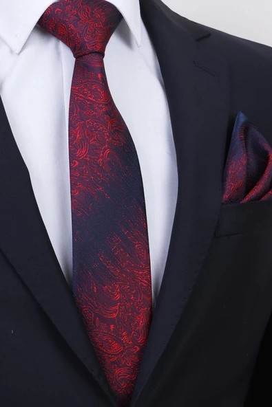 Esgue Hand Made 7.5 cm Kırmızı Lacivert Desenli Mendilli Kravat ürün görseli 1