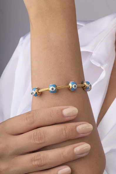 Mavi Göz Motifli Altın Kaplama Kadın Çelik Charm Bileklik - Resim 2
