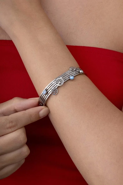 Hayat Ağacı Nazar Boncuğu Motifli Kadın Kelepçe Bilezik - Resim 3