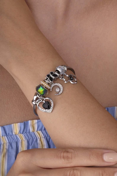 Ayıcık Kalp Kelebek Figürlü Beyaz Altın Kaplama Kadın Çelik Charm Bileklik ürün görseli 1