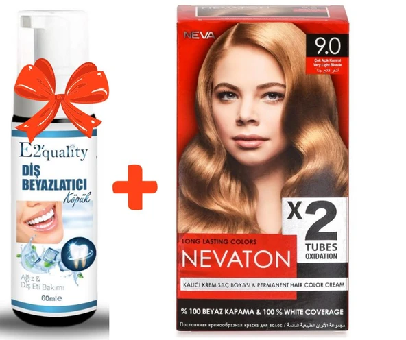 E2'quality Diş Beyazlatıcı Köpük + Nevaton Kalıcı Krem Saç Boyası 9.0 Çok Açık Kumral ürün görseli 1