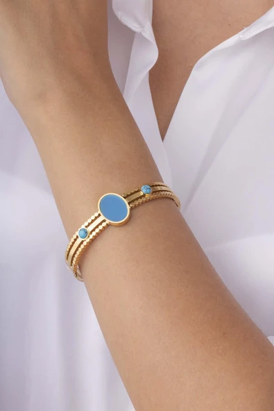 Firuze Taşlı 3 Sıra Altın Kaplama Kadın Kelepçe Bileklik - Resim 3