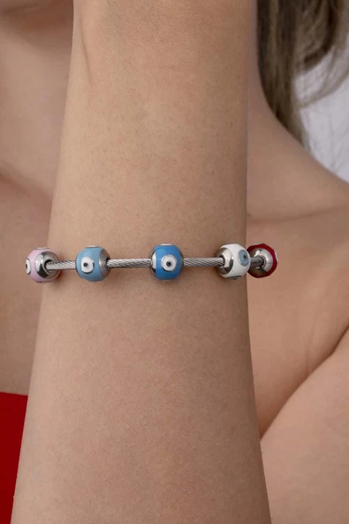 Renkli Göz Motifli Altın Kaplama Kadın Çelik Charm Bileklik - Resim 3