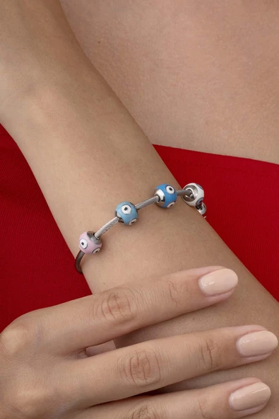 Renkli Göz Motifli Altın Kaplama Kadın Çelik Charm Bileklik ürün görseli 1