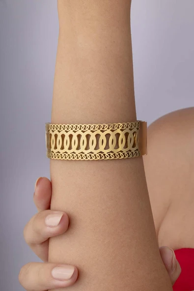 Halka Geçişli Tasarım Altın Kaplama Kadın Çelik Kelepçe Bileklik - Resim 2