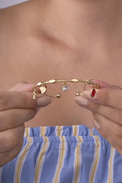 Kırmızı Taşlı Kalp Figürlü Altın Kaplama Çelik Kadın Charm Bileklik ürün görseli 1
