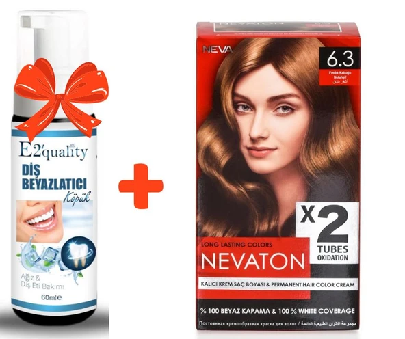 E2'quality Diş Beyazlatıcı Köpük + Nevaton Kalıcı Krem Saç Boyası 6.3 Fındık Kabuğu (Bir kutuda 2 boyama) ürün görseli 1