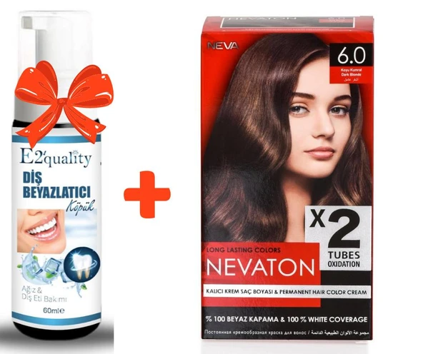 E2'quality Diş Beyazlatıcı Köpük + Nevaton Kalıcı Krem Saç Boyası 6.0 Koyu Kumral (Bir kutuda 2 boyama) ürün görseli 1