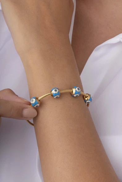 Mavi Göz Motifli Altın Kaplama Kadın Çelik Charm Bileklik ürün görseli 1
