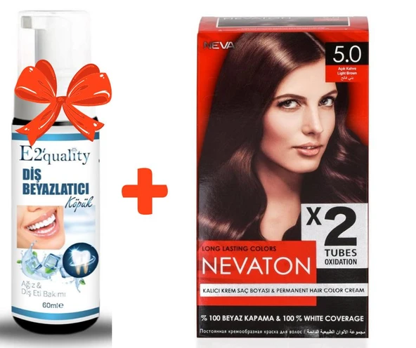 E2'quality Diş Beyazlatıcı Köpük + Nevaton Kalıcı Krem Saç Boyası 5.0 Açık Kahve (Bir kutuda 2 boyama) ürün görseli 1