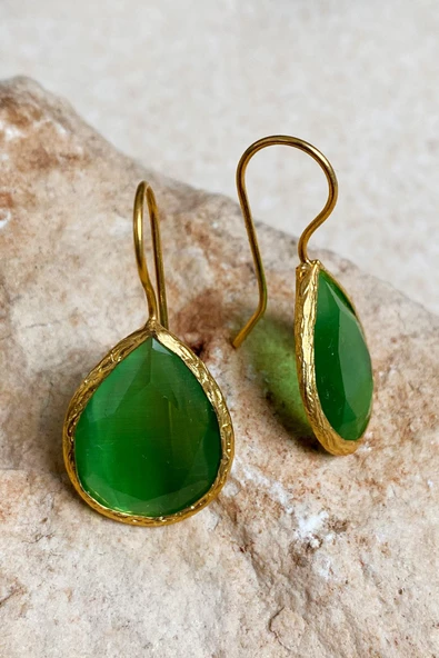 Güneş Taşı Serisi Kedi Gözü Yeşil Mavi Turuncu Kadın Küpe - 3