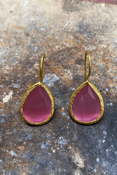 Güneş Taşı Serisi Kedi Gözü Yeşil Mavi Turuncu Kadın Küpe - 4