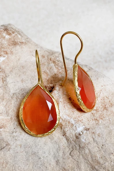 Güneş Taşı Serisi Kedi Gözü Yeşil Mavi Turuncu Kadın Küpe - 2