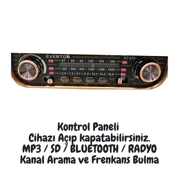 RT676 Retro Radyo Bluetooth Hoparlör USB/SD Kart Girişli, 3 Bant Radyo Alıcılı, Taşınabilir Şarjlı Nostaljik Radyo - Resim 4