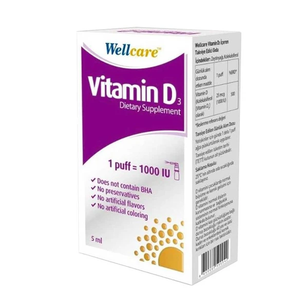 Wellcare Vitamin D3 1000 IU Sprey Takviye Edici Gıda 5 ml ürün görseli