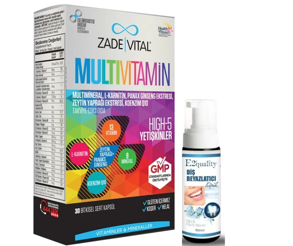 Zade Vital Multivitamin Takviye Edici Gıda 30 Bitkisel Kapsül - Diş Beyazlatıcı Köpük Hediye ürün görseli 1