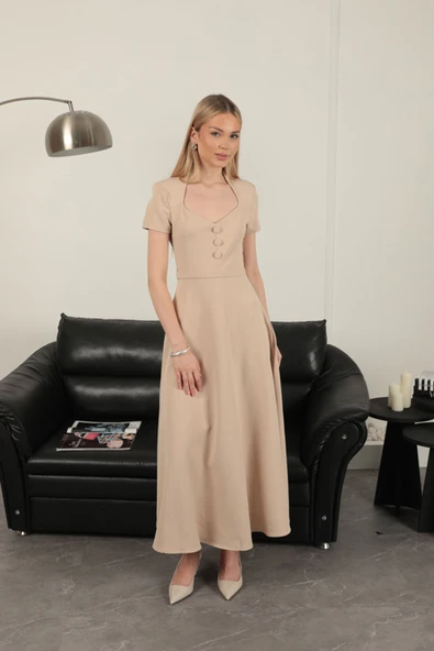 Double Atlas Kumaş Kemerli Elbise-Bej - Resim 2