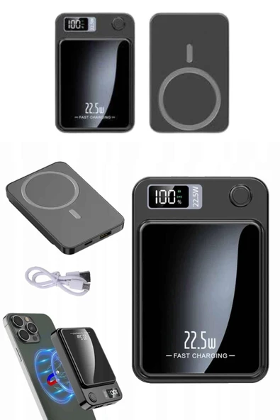 Magsafe Powerbank 10.000 mAh 22.5 Watt Hızlı Şarj Göstergeli Kablosuz Taşınabilir Şarj - Resim 3