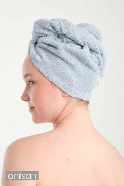 %100 Pamuk Açık Mavi Havlu Bone Saç Kurutma Bonesi Kafa Havlusu Duş Banyo Bonesi Islak Saç Kurulama Bone - Resim 2